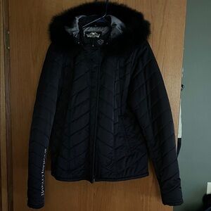 Women's Harley Davidson Black Quilted Jacket with Fur Hood - XL Tall